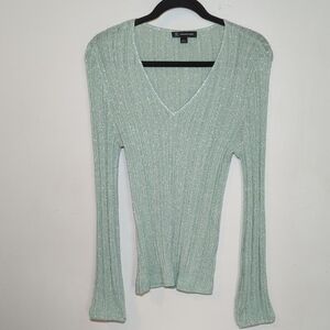 International Concepts Green Ribbed Sweater with Silver Threads Women's Size L